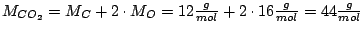 $M_{CO_{2}}=M_{C}+2\cdot M_{O}=12\frac{g}{mol}+2\cdot 16\frac{g}{mol}=44\frac{g}{mol}$